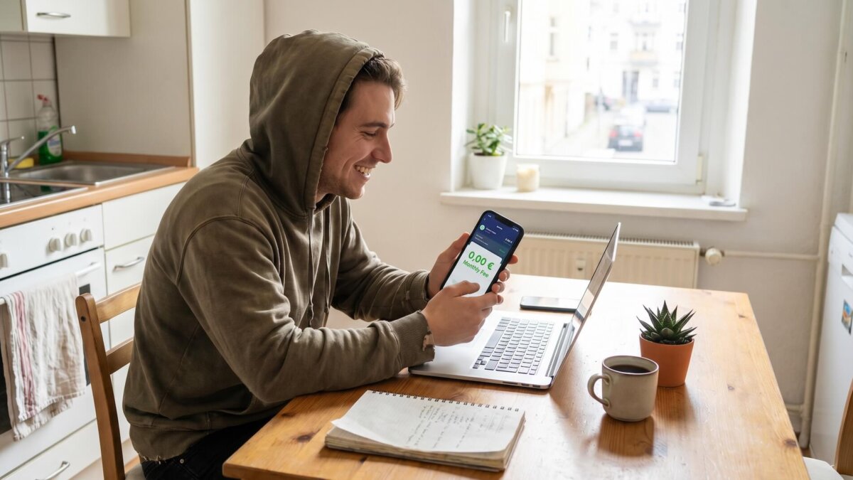 Selbstständiger im Hoodie zeigt lächelnd sein Smartphone, auf dem die Banking-App 0,00 € monatliche Kontogebühr anzeigt