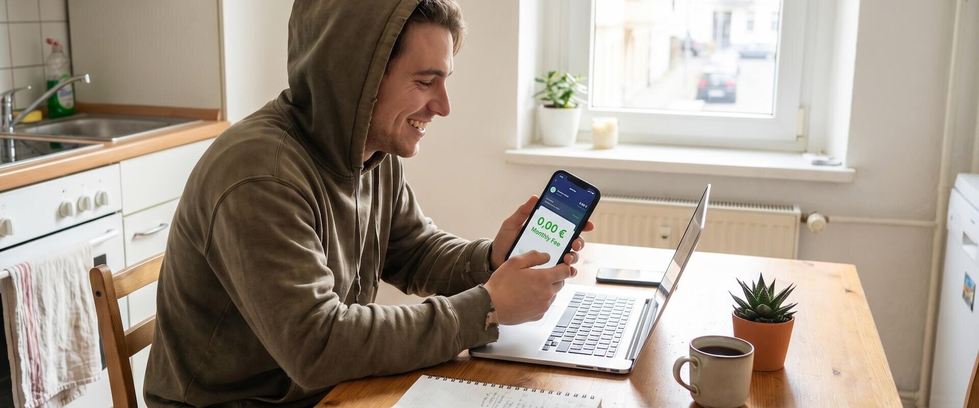 Selbstständiger im Hoodie zeigt lächelnd sein Smartphone, auf dem die Banking-App 0,00 € monatliche Kontogebühr anzeigt