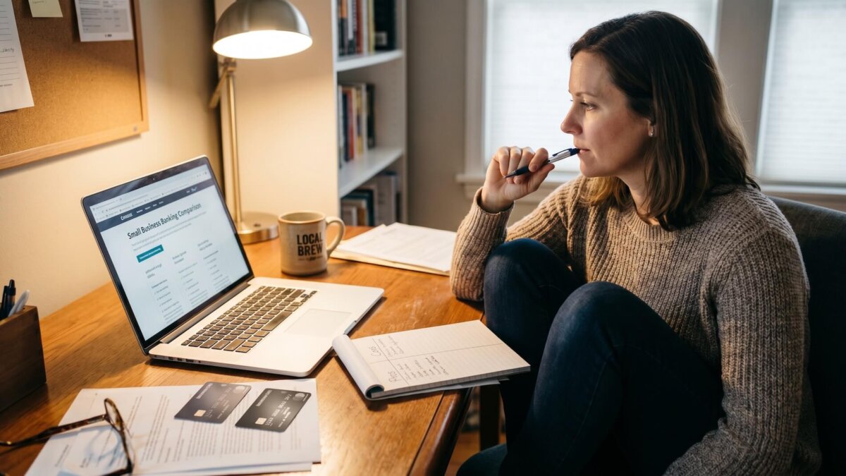 Selbstständige vergleicht nachdenklich Geschäftskonten am Laptop, Kreditkarten und Unterlagen liegen auf dem Schreibtisch