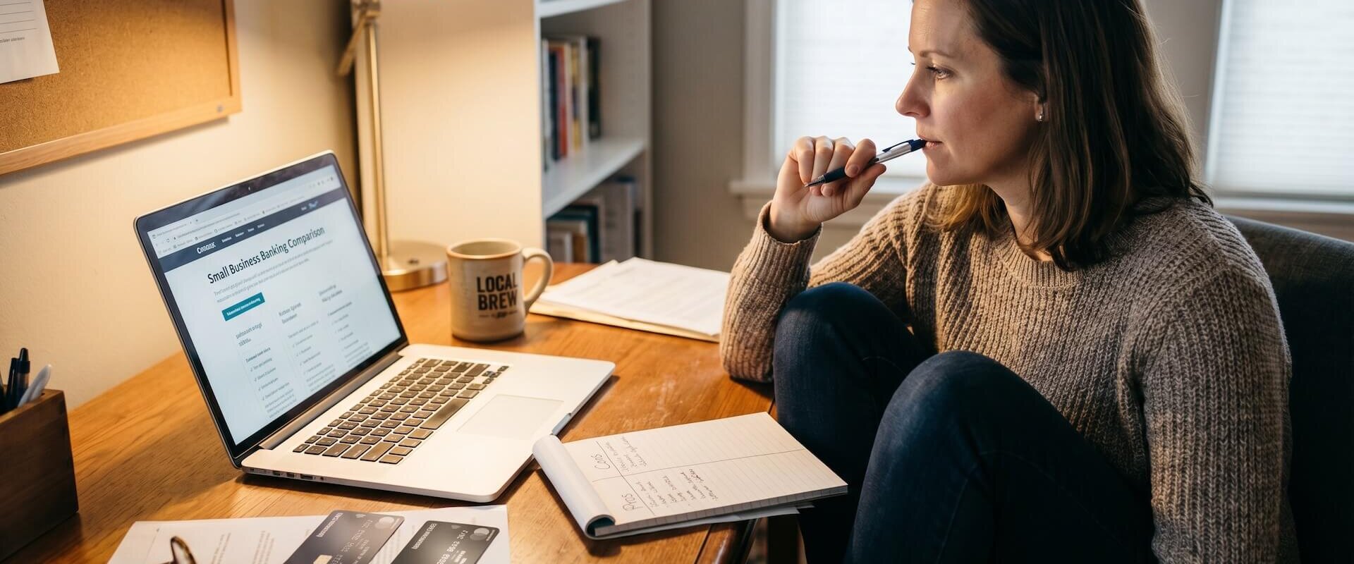 Selbstständige vergleicht nachdenklich Geschäftskonten am Laptop, Kreditkarten und Unterlagen liegen auf dem Schreibtisch