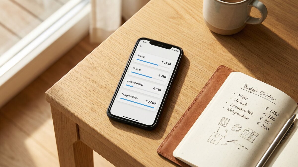 Smartphone von oben auf einem Holztisch zeigt eine Banking-App mit vier Unterkonten Miete, Urlaub, Lebensmittel und Notgroschen mit Fortschrittsbalken, daneben Notizbuch mit Budget Oktober