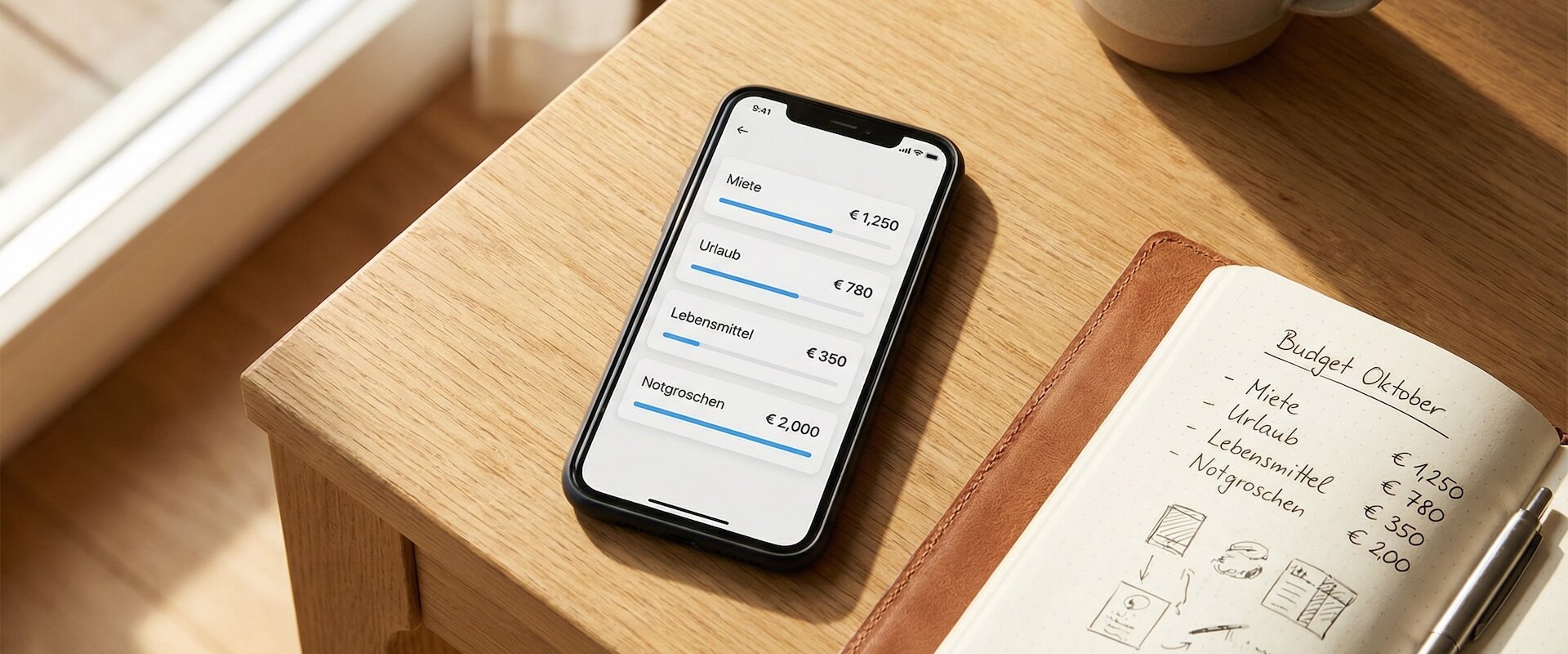 Smartphone von oben auf einem Holztisch zeigt eine Banking-App mit vier Unterkonten Miete, Urlaub, Lebensmittel und Notgroschen mit Fortschrittsbalken, daneben Notizbuch mit Budget Oktober