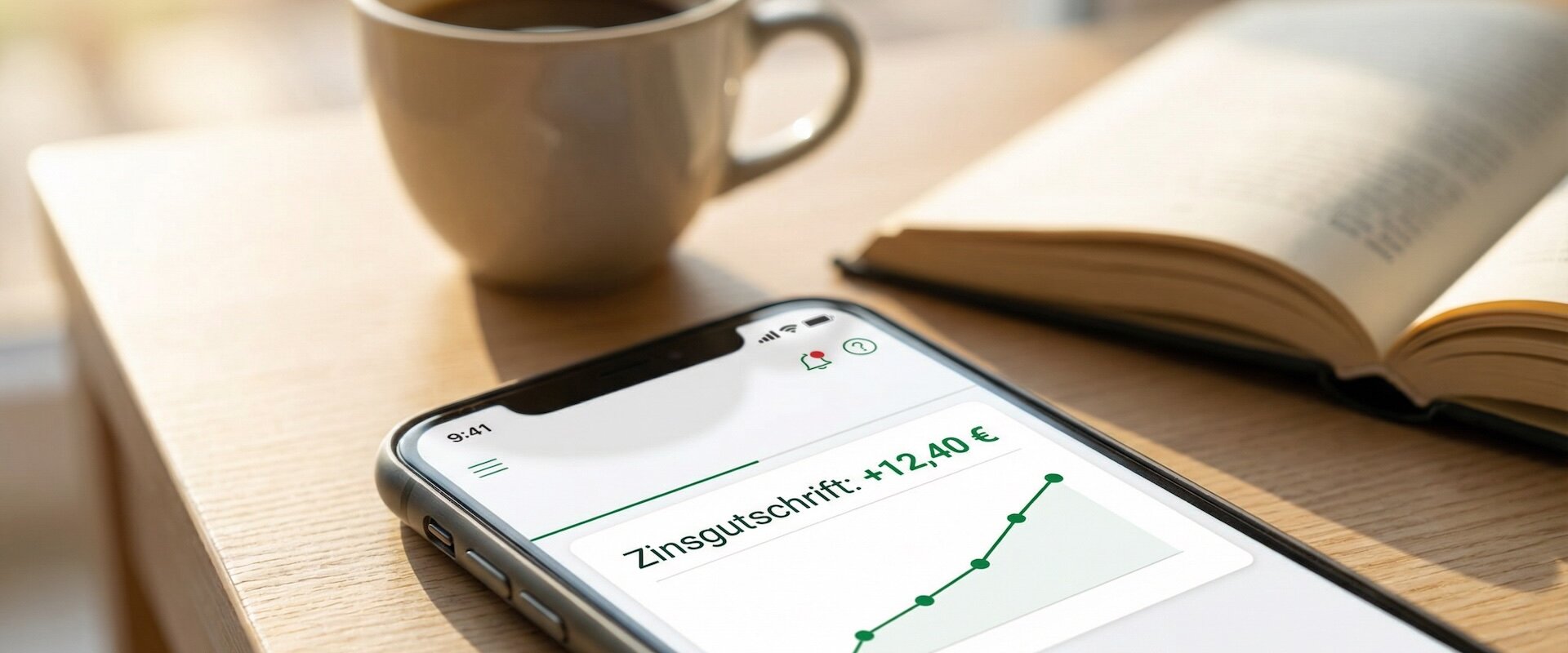Smartphone auf einem Holztisch zeigt eine Banking-App mit der Zeile Zinsgutschrift plus 12,40 Euro und einem aufsteigenden grünen Graphen, Kaffeetasse und Buch im warmen Morgenlicht