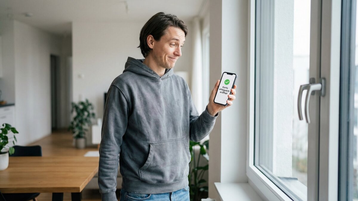 Junger Mann Anfang 30 steht in hellem Apartment und hält Smartphone mit der deutschen Bestätigungsmeldung Konto erfolgreich eröffnet und grünem Häkchen, erleichterter Gesichtsausdruck