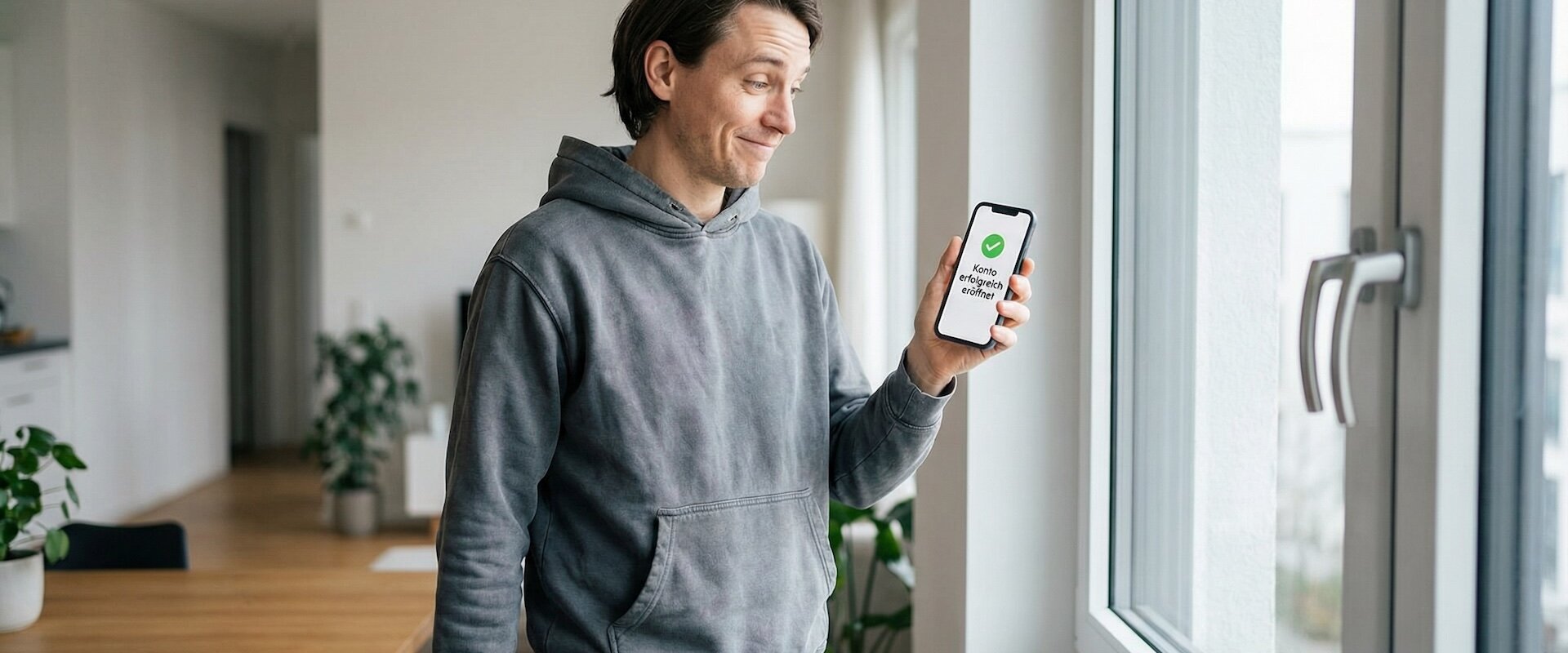 Junger Mann Anfang 30 steht in hellem Apartment und hält Smartphone mit der deutschen Bestätigungsmeldung Konto erfolgreich eröffnet und grünem Häkchen, erleichterter Gesichtsausdruck