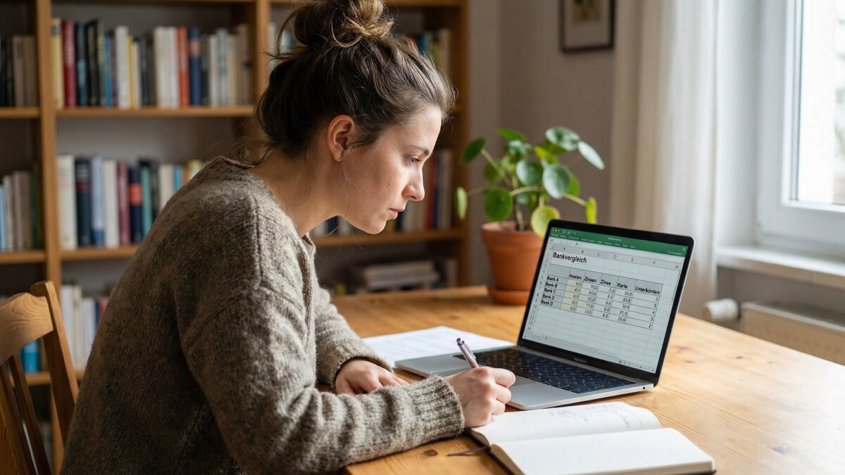 Junge Frau Ende 20 sitzt am Schreibtisch vor einem Laptop mit einer deutschen Bankvergleichstabelle mit Spalten für Kosten, Zinsen, Karte und Unterkonten, Stift und Notizbuch daneben