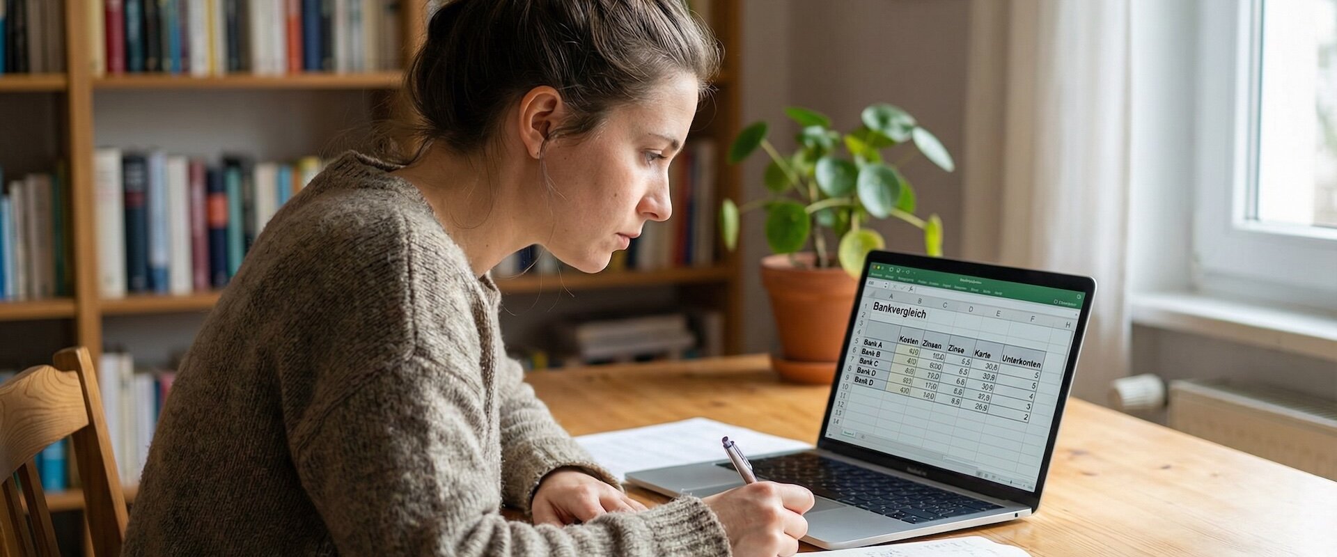 Junge Frau Ende 20 sitzt am Schreibtisch vor einem Laptop mit einer deutschen Bankvergleichstabelle mit Spalten für Kosten, Zinsen, Karte und Unterkonten, Stift und Notizbuch daneben