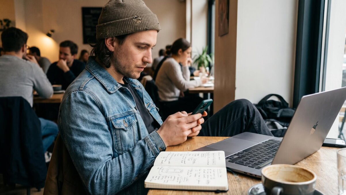 Nachdenkliche Selbstständige am Laptop mit geöffneten Rechnungen und Belegen — typische Steuer-Situation, die Kontist mit automatischer Rücklage löst
