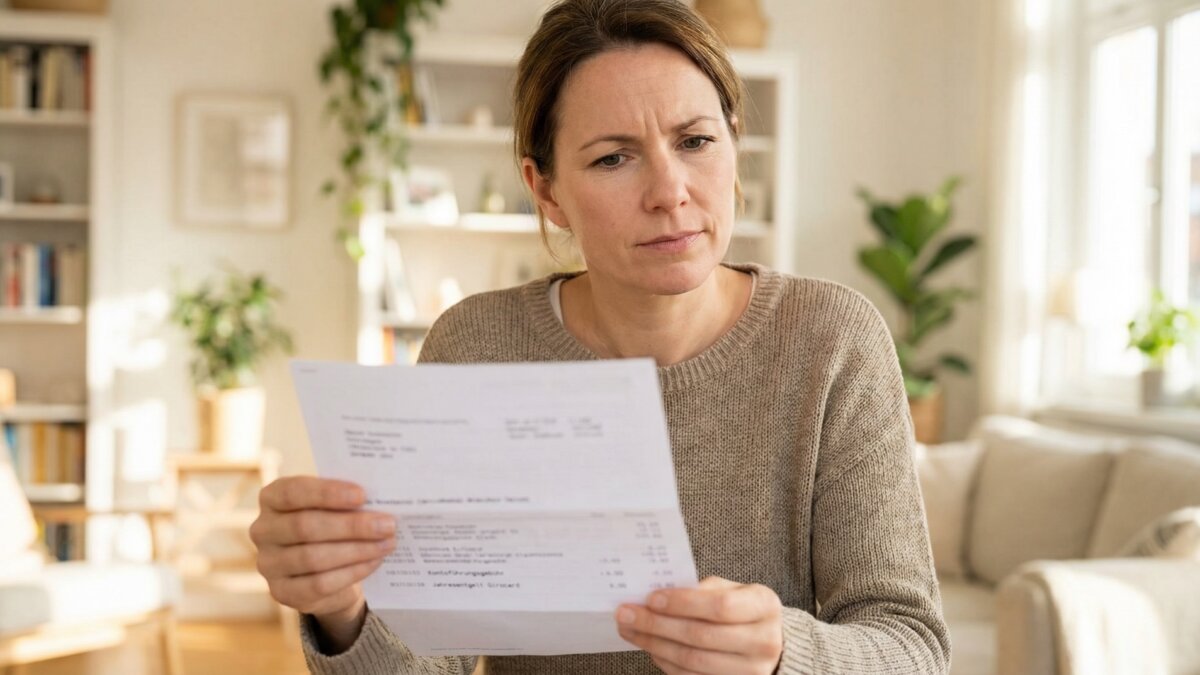 Frau Anfang 40 liest mit nachdenklich gerunzelter Stirn einen Kontoauszug mit deutschen Texten wie Kontoführungsgebühr und Jahresentgelt Girocard in einem hellen Wohnzimmer