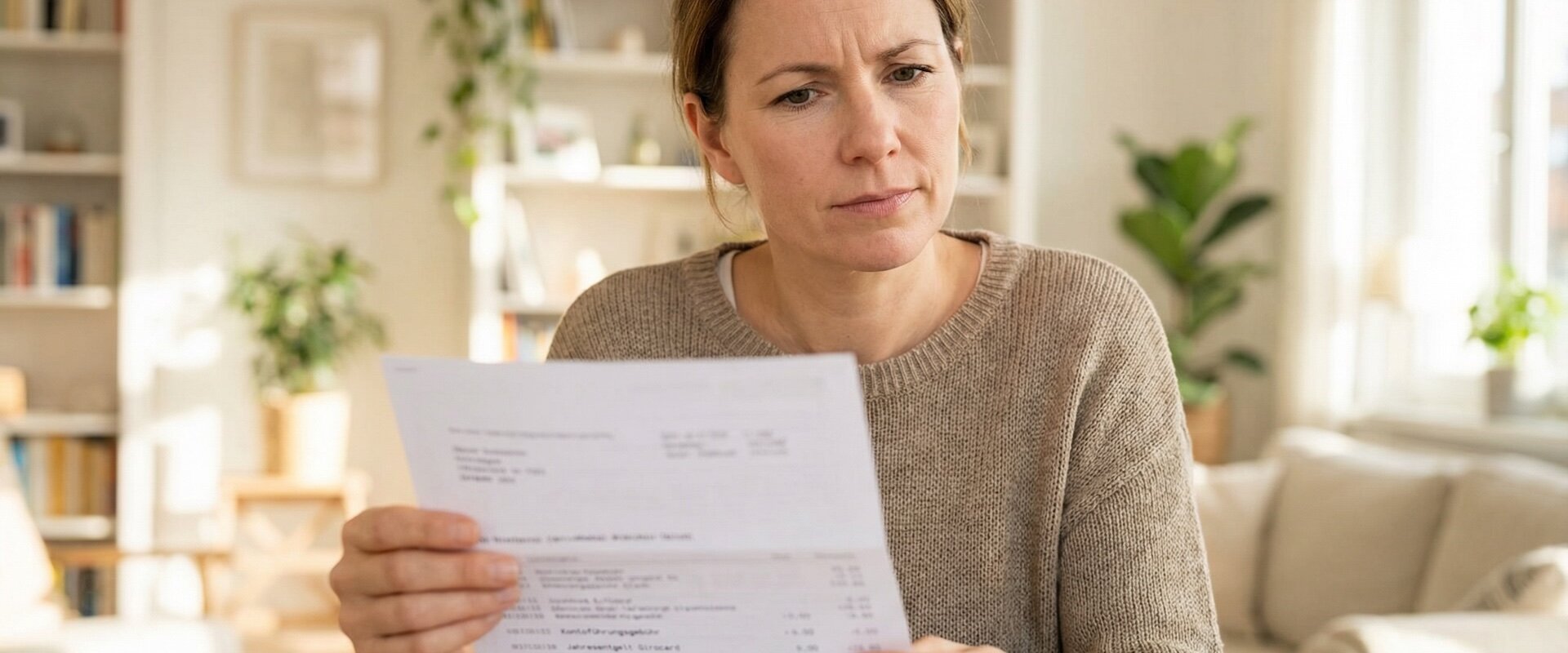 Frau Anfang 40 liest mit nachdenklich gerunzelter Stirn einen Kontoauszug mit deutschen Texten wie Kontoführungsgebühr und Jahresentgelt Girocard in einem hellen Wohnzimmer