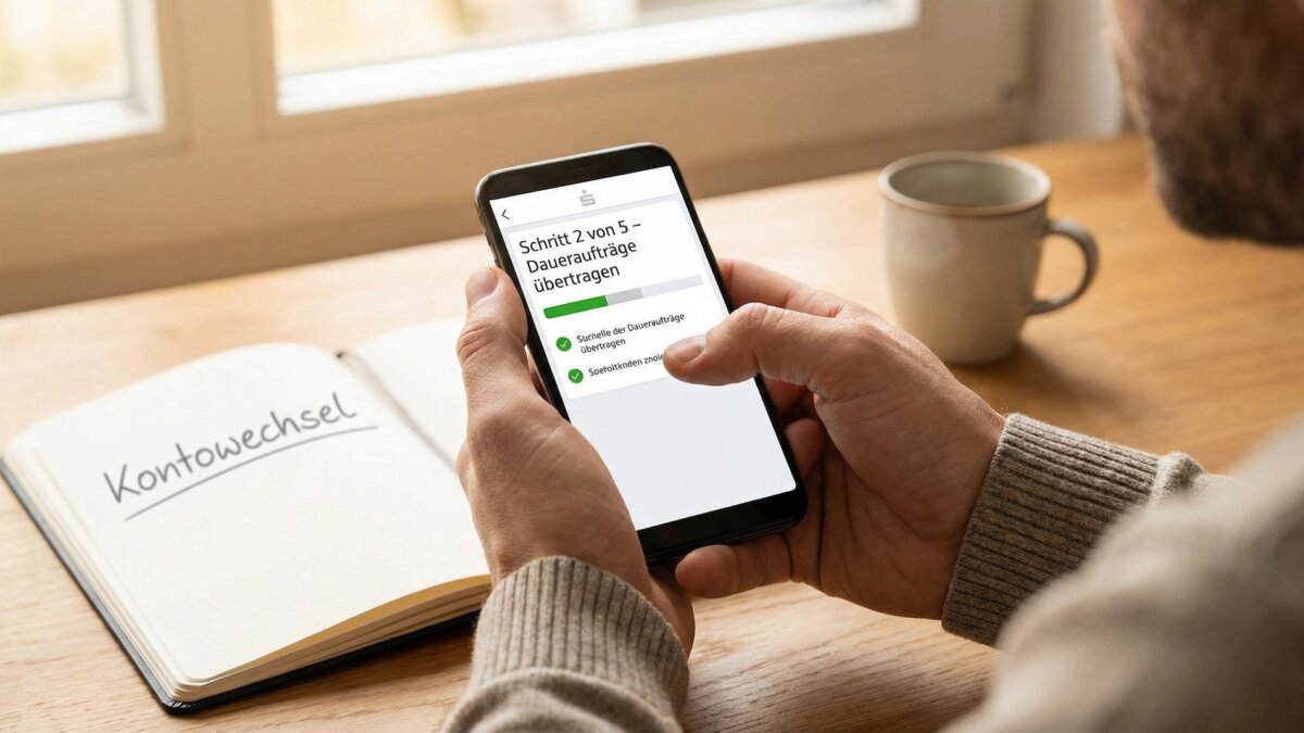 Männliche Hände halten ein Smartphone mit einer deutschen Banking-App, die einen Fortschrittsbalken mit der Aufschrift Schritt 2 von 5 Daueraufträge übertragen zeigt, im Hintergrund ein Notizbuch mit der Aufschrift Kontowechsel