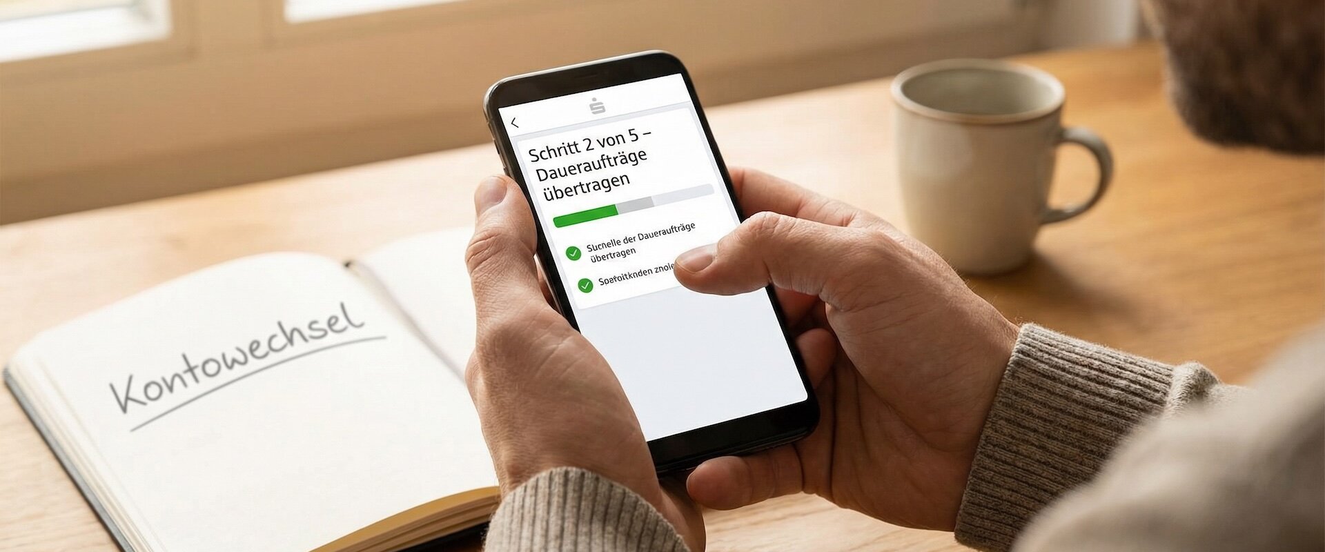 Männliche Hände halten ein Smartphone mit einer deutschen Banking-App, die einen Fortschrittsbalken mit der Aufschrift Schritt 2 von 5 Daueraufträge übertragen zeigt, im Hintergrund ein Notizbuch mit der Aufschrift Kontowechsel