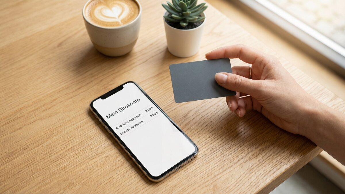 Frauenhand hält eine schlichte dunkle Bankkarte über einem Holztisch, daneben Smartphone mit Banking-App die Kontoführung 0,00 Euro anzeigt, Kaffeetasse und Sukkulente im Hintergrund