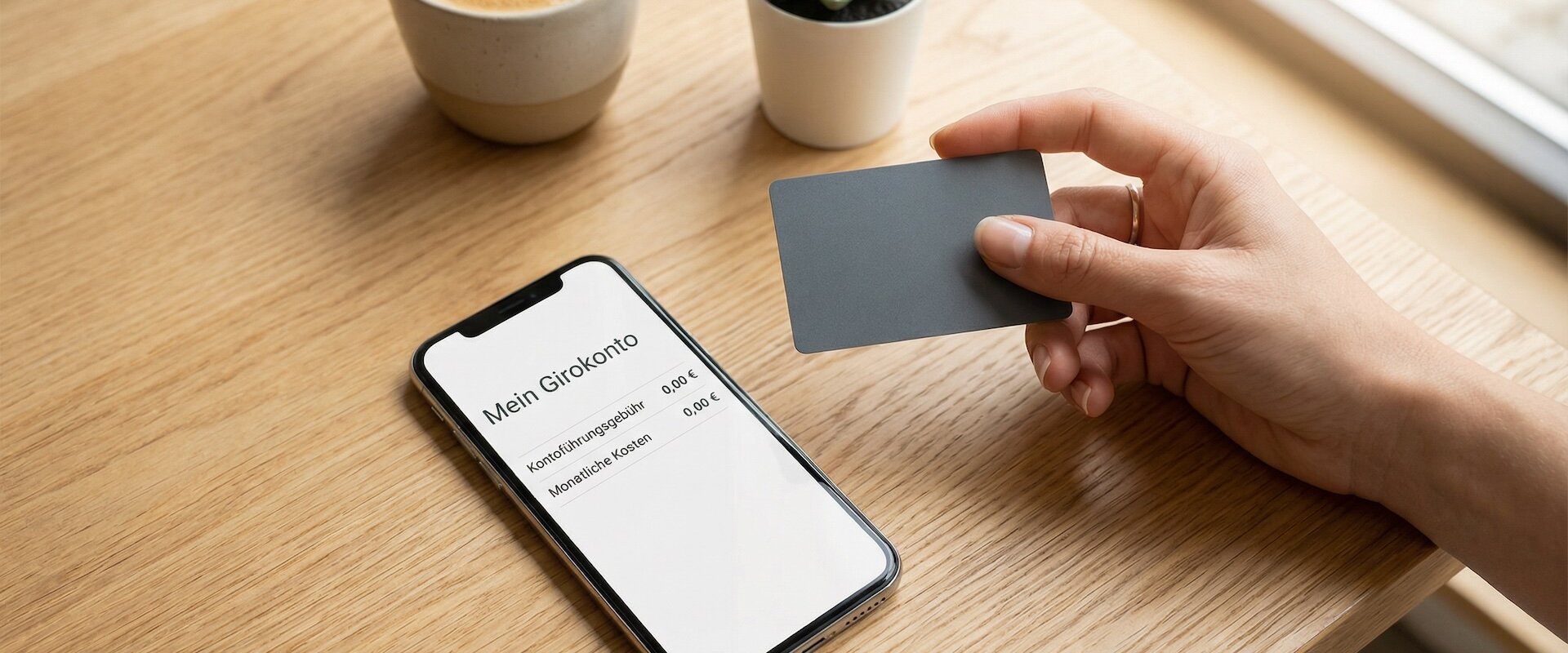 Frauenhand hält eine schlichte dunkle Bankkarte über einem Holztisch, daneben Smartphone mit Banking-App die Kontoführung 0,00 Euro anzeigt, Kaffeetasse und Sukkulente im Hintergrund