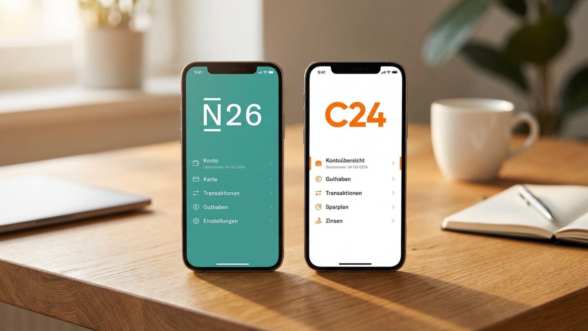 Zwei Smartphones auf einem Holztisch: links die N26 App mit türkisem Interface und Kontoübersicht, rechts die C24 Bank App mit weißem Interface und orangem Logo