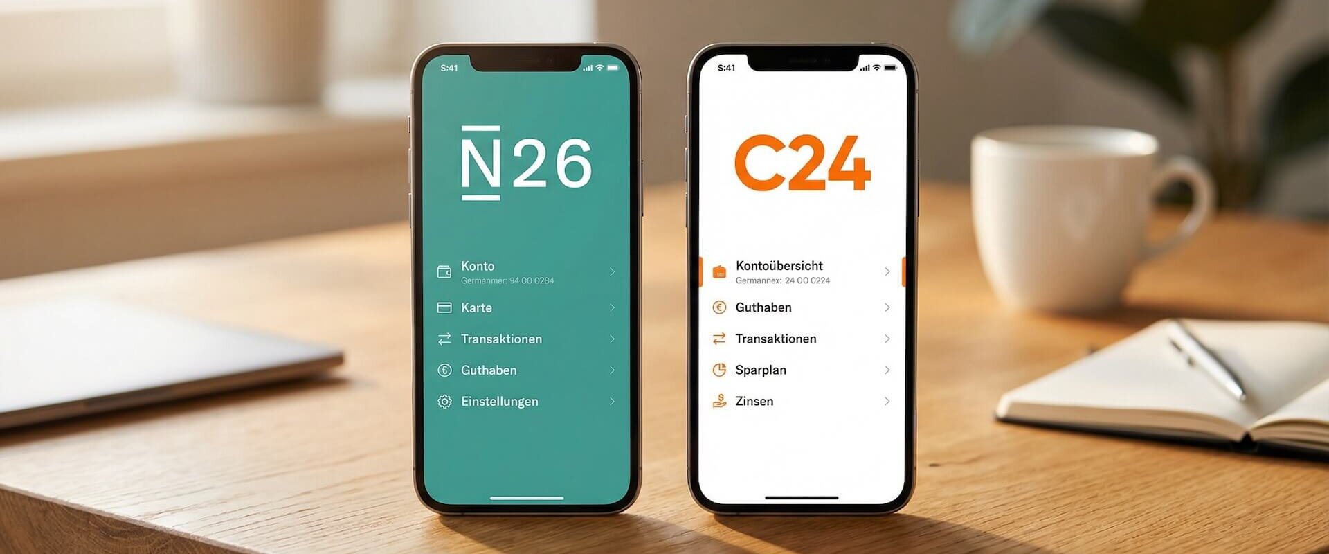 Zwei Smartphones auf einem Holztisch: links die N26 App mit türkisem Interface und Kontoübersicht, rechts die C24 Bank App mit weißem Interface und orangem Logo