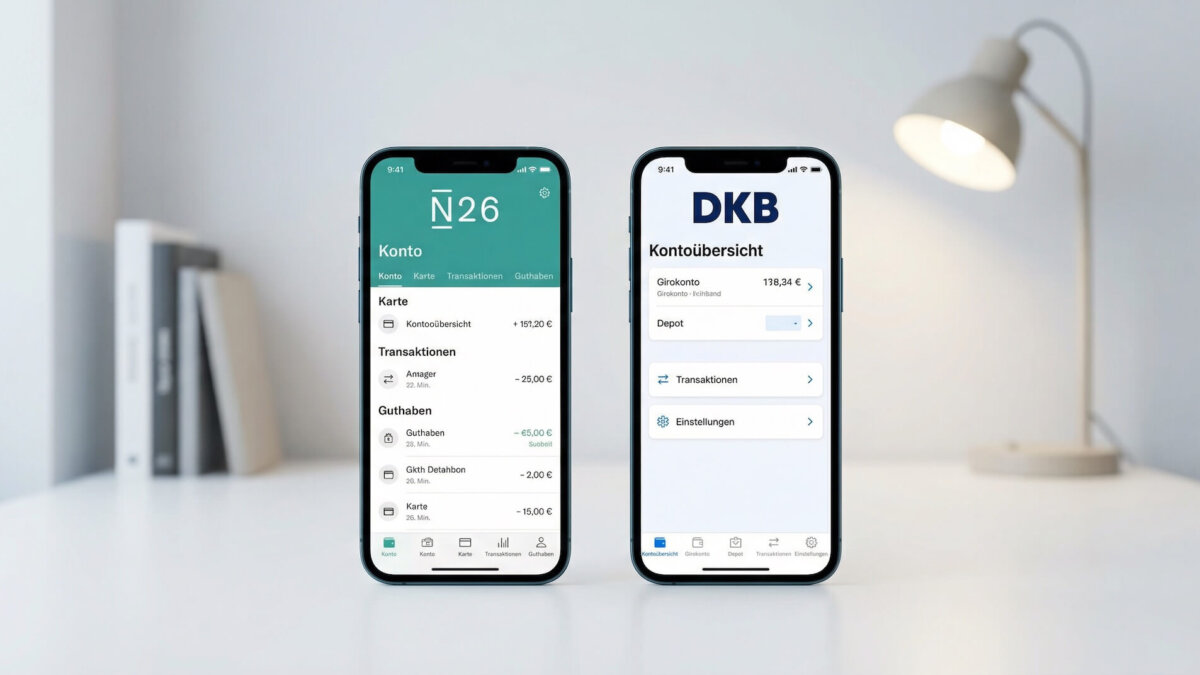 Zwei Smartphones auf einem weißen Schreibtisch: links die N26 App mit türkisem Interface, rechts die DKB App mit weißem Interface und dunkelblauem DKB-Logo