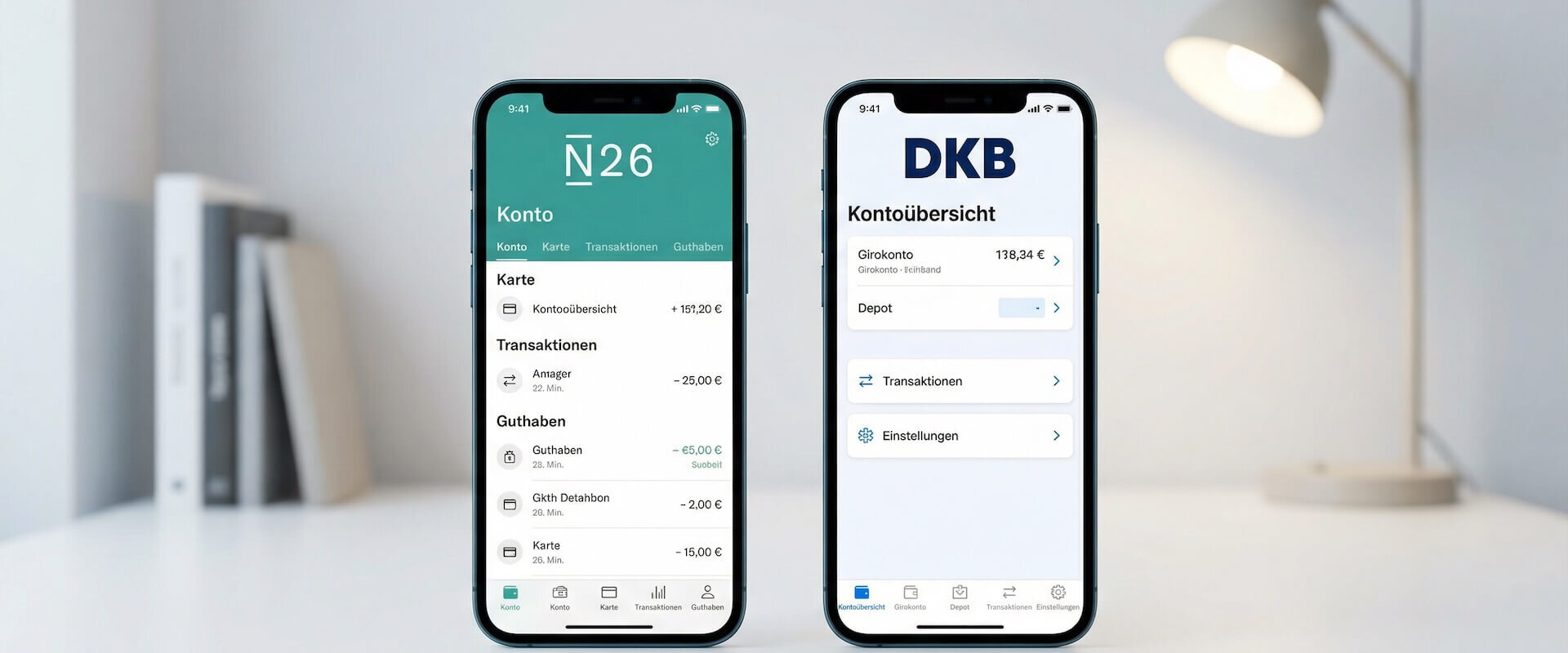 Zwei Smartphones auf einem weißen Schreibtisch: links die N26 App mit türkisem Interface, rechts die DKB App mit weißem Interface und dunkelblauem DKB-Logo