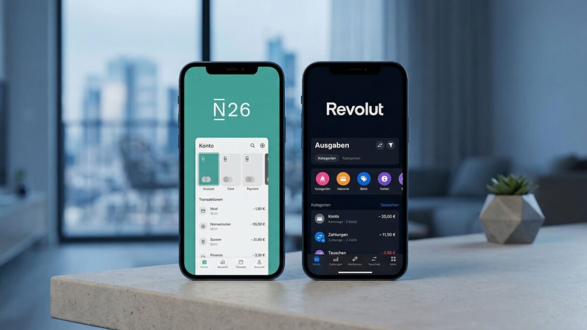 Zwei Smartphones auf einer Betonoberfläche vor Stadtpanorama: links die N26 App mit türkisem Interface und Kartenübersicht, rechts die Revolut App mit dunklem Interface und Ausgaben-Kategorien
