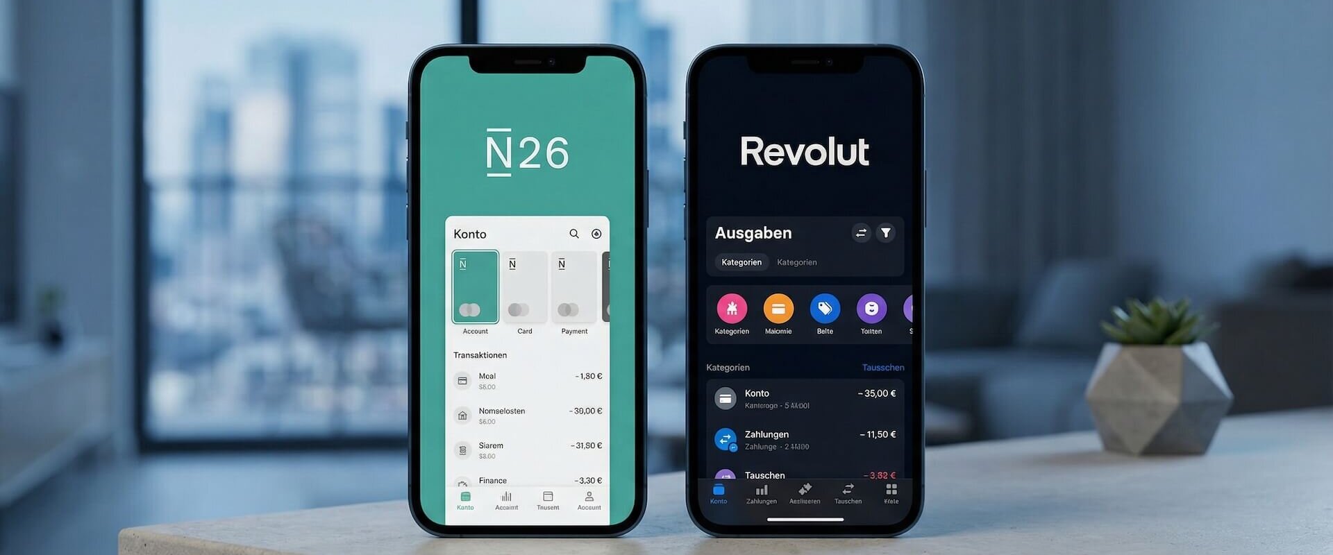 Zwei Smartphones auf einer Betonoberfläche vor Stadtpanorama: links die N26 App mit türkisem Interface und Kartenübersicht, rechts die Revolut App mit dunklem Interface und Ausgaben-Kategorien