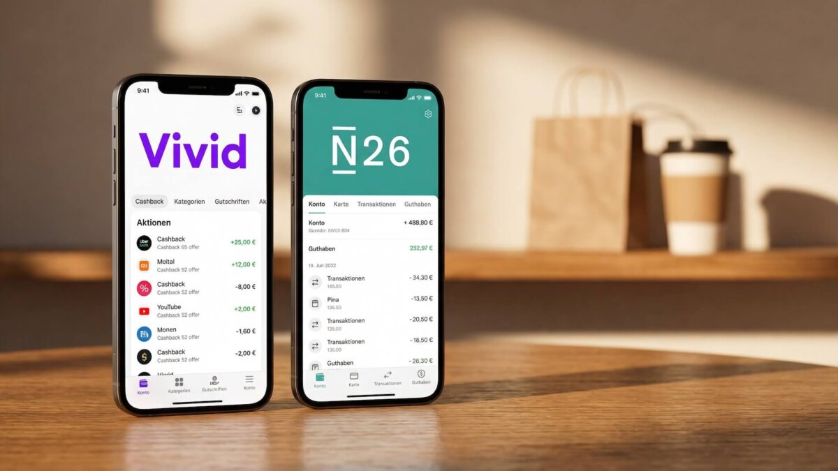 Zwei Smartphones auf einem Holztisch: links die Vivid Money App mit weißem Interface und violettem Logo sowie Cashback-Übersicht, rechts die N26 App mit türkisem Interface