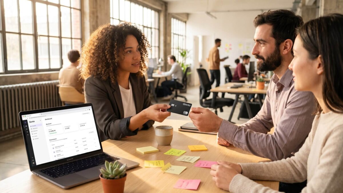 Diverses Business-Team im modernen Co-Working-Büro reicht eine schwarze Qonto Mastercard weiter, Laptop zeigt das Qonto-Dashboard