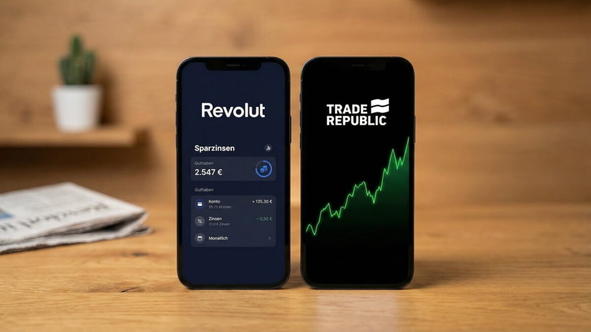 Zwei Smartphones auf einem Holztisch: links die Revolut App mit Zinsen-Übersicht, rechts die Trade Republic App mit schwarzem Interface und grünem Kurschart