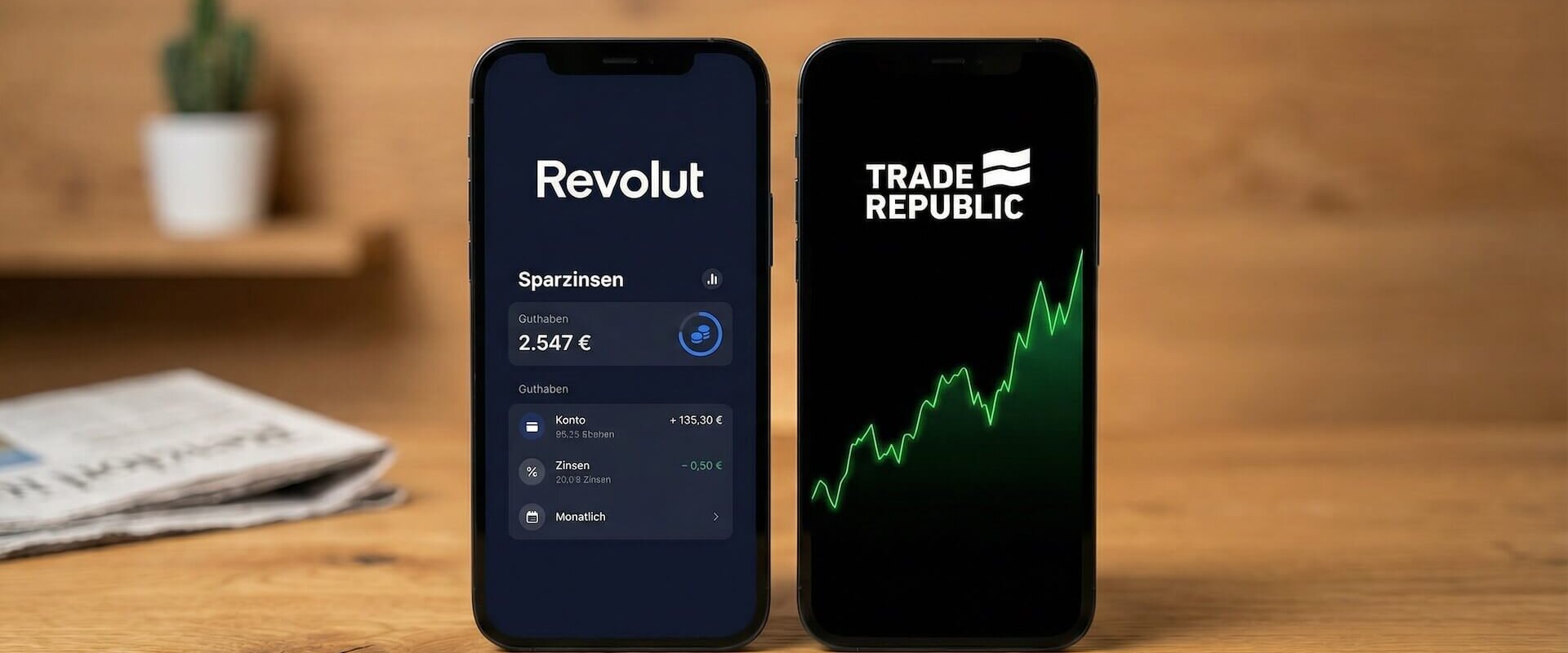 Zwei Smartphones auf einem Holztisch: links die Revolut App mit Zinsen-Übersicht, rechts die Trade Republic App mit schwarzem Interface und grünem Kurschart
