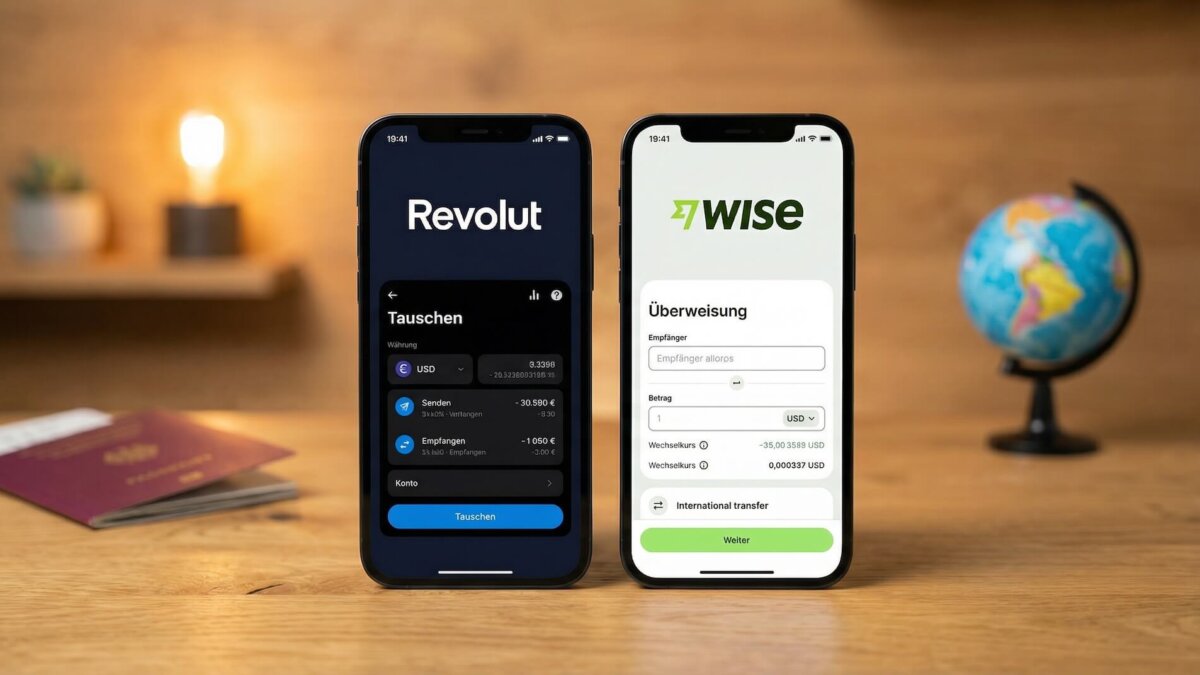 Zwei Smartphones auf einem Holztisch mit Reisepass und Globus im Hintergrund: links die Revolut App mit Währungstausch-Interface, rechts die Wise App mit grünem Interface und Auslandsüberweisung