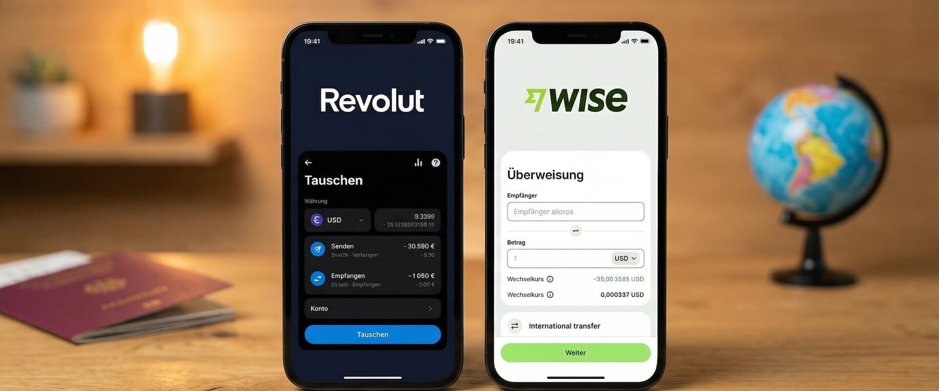 Zwei Smartphones auf einem Holztisch mit Reisepass und Globus im Hintergrund: links die Revolut App mit Währungstausch-Interface, rechts die Wise App mit grünem Interface und Auslandsüberweisung