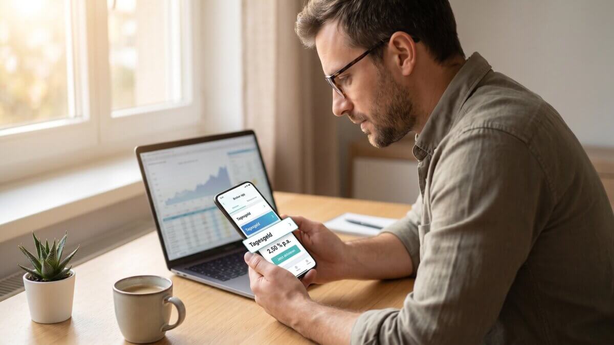 Mann mit Brille schaut konzentriert auf Smartphone mit Broker-App, Display zeigt Tagesgeld-Aktivierung mit 2,50 Prozent p.a. und Jetzt-aktivieren-Button, Laptop mit Finanzchart im Hintergrund