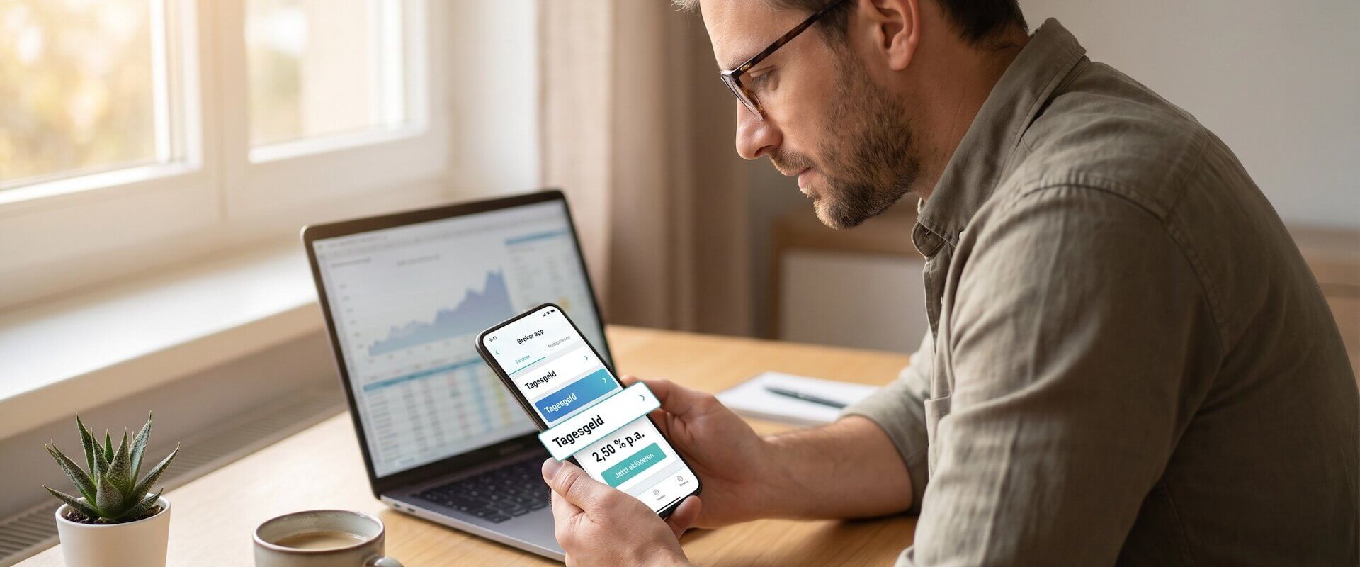 Mann mit Brille schaut konzentriert auf Smartphone mit Broker-App, Display zeigt Tagesgeld-Aktivierung mit 2,50 Prozent p.a. und Jetzt-aktivieren-Button, Laptop mit Finanzchart im Hintergrund