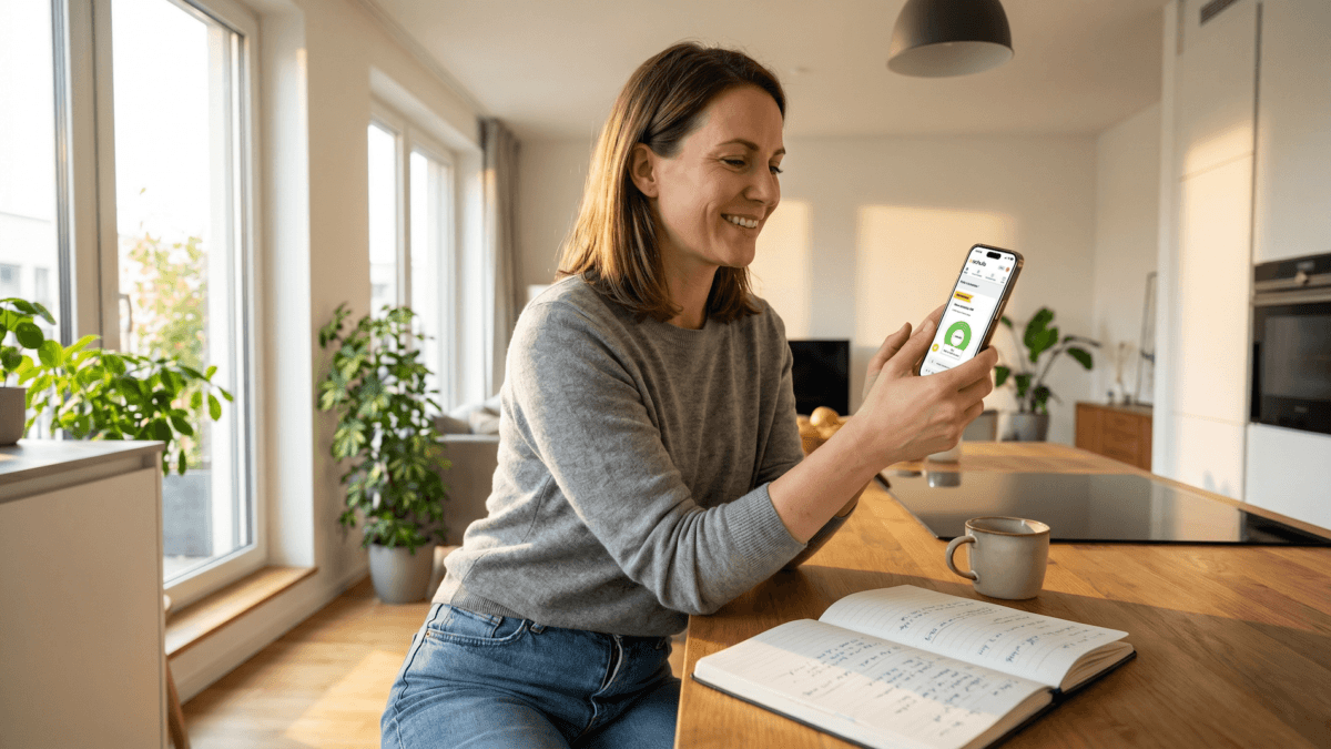 Frau prüft ihren Schufa-Score in der Schufa-App auf dem Smartphone – grünes Score-Diagramm zeigt Klasse Hervorragend