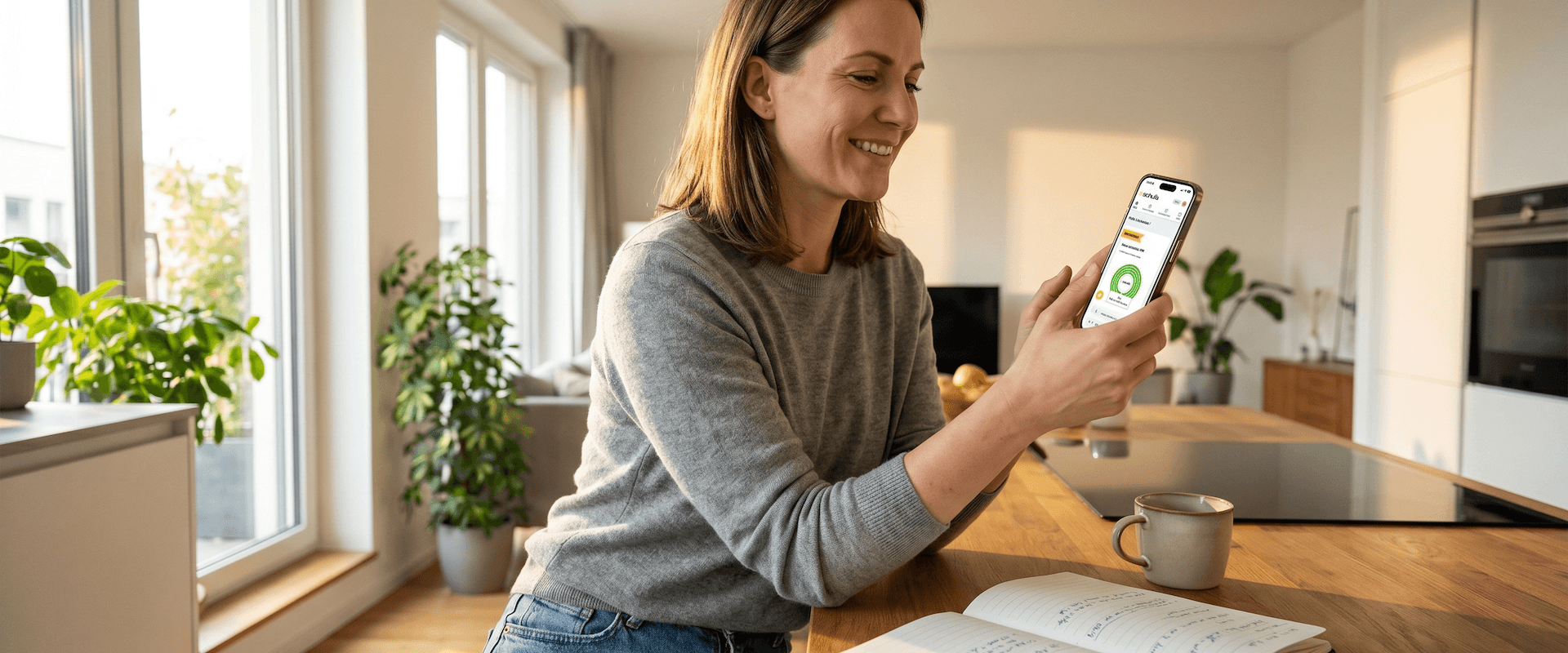 Frau prüft ihren Schufa-Score in der Schufa-App auf dem Smartphone – grünes Score-Diagramm zeigt Klasse Hervorragend