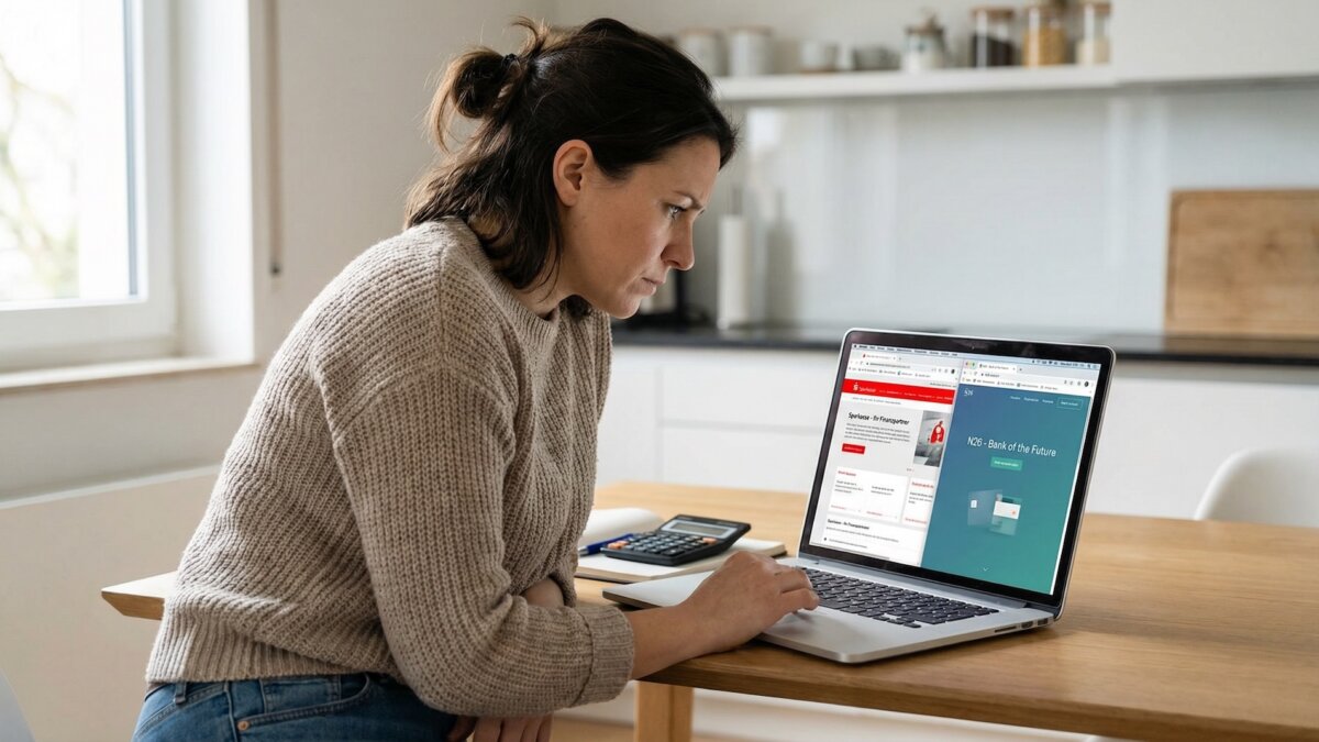 Frau Mitte 30 sitzt am Küchentisch und vergleicht auf ihrem Laptop zwei Browser-Tabs: links die Sparkassen-Website in Rot-Grau, rechts eine moderne Neobank-Oberfläche in Türkis, Taschenrechner daneben