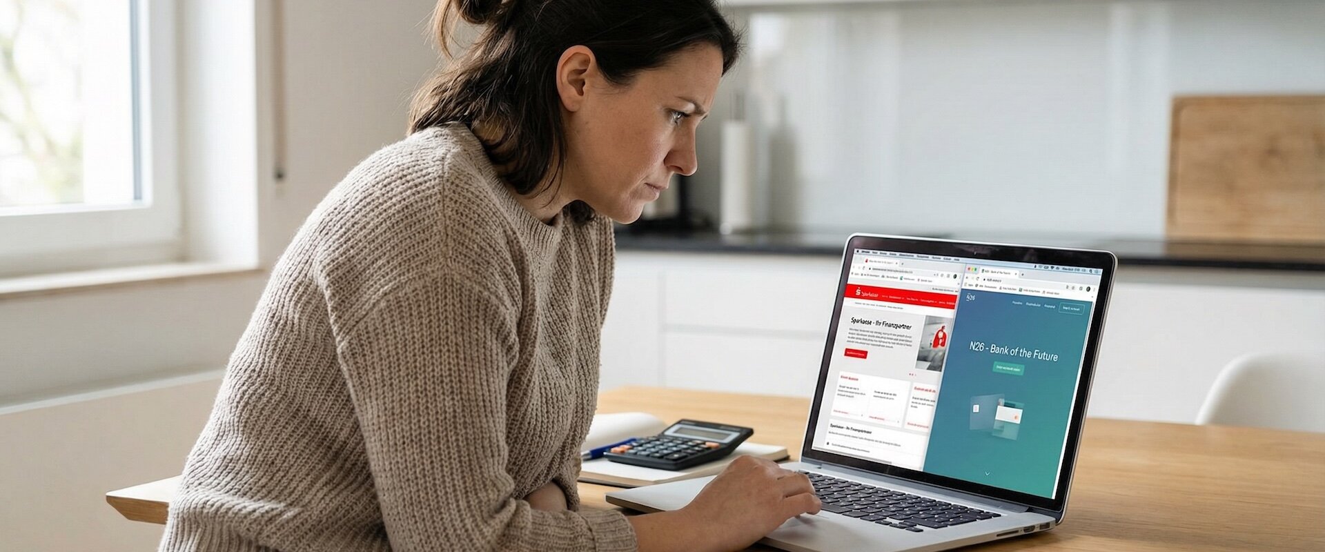 Frau Mitte 30 sitzt am Küchentisch und vergleicht auf ihrem Laptop zwei Browser-Tabs: links die Sparkassen-Website in Rot-Grau, rechts eine moderne Neobank-Oberfläche in Türkis, Taschenrechner daneben