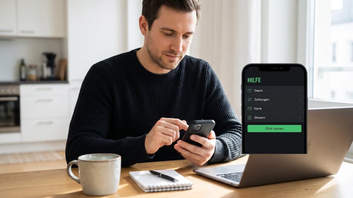 Junger Mann navigiert konzentriert in einer dunklen Banking-App mit deutschem Hilfe-Menü, Kategorien Depot, Zahlungen, Karte, Steuern und grünem Chat-starten-Button sichtbar