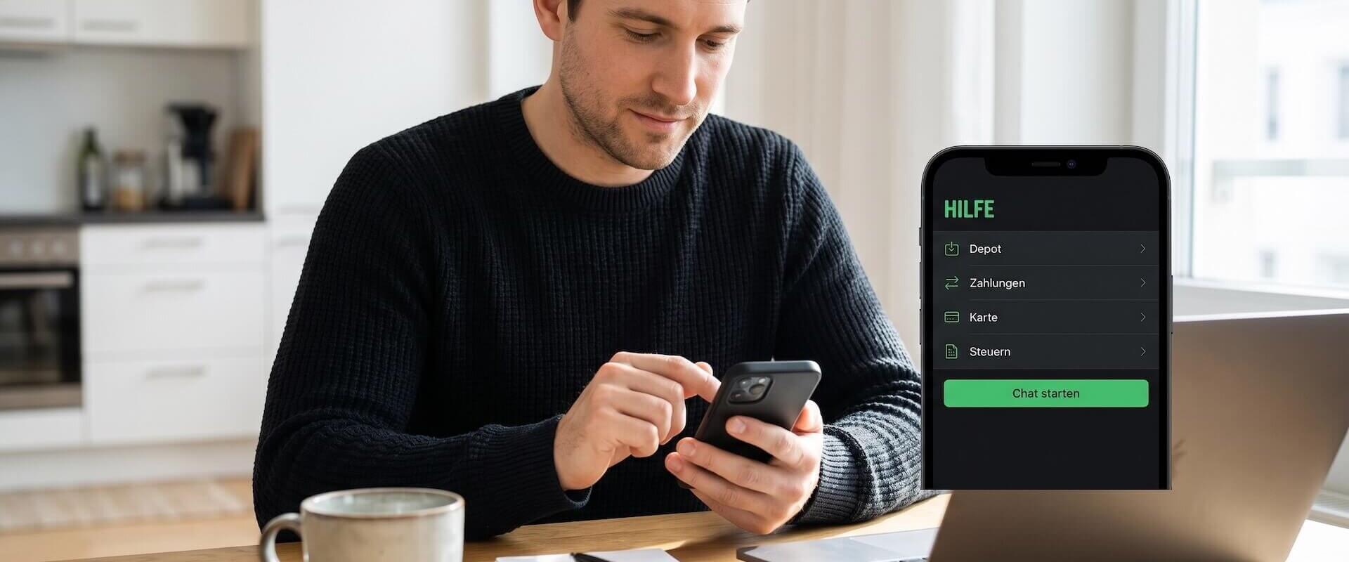 Junger Mann navigiert konzentriert in einer dunklen Banking-App mit deutschem Hilfe-Menü, Kategorien Depot, Zahlungen, Karte, Steuern und grünem Chat-starten-Button sichtbar
