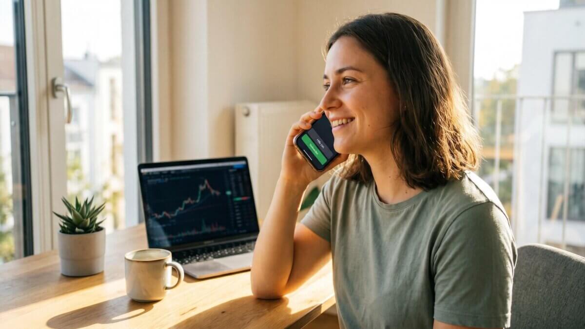 Junge Frau telefoniert entspannt am Schreibtisch mit Trade-Republic-App auf dem Smartphone, im Hintergrund Laptop mit Finanzchart und grünem Verbunden-Status