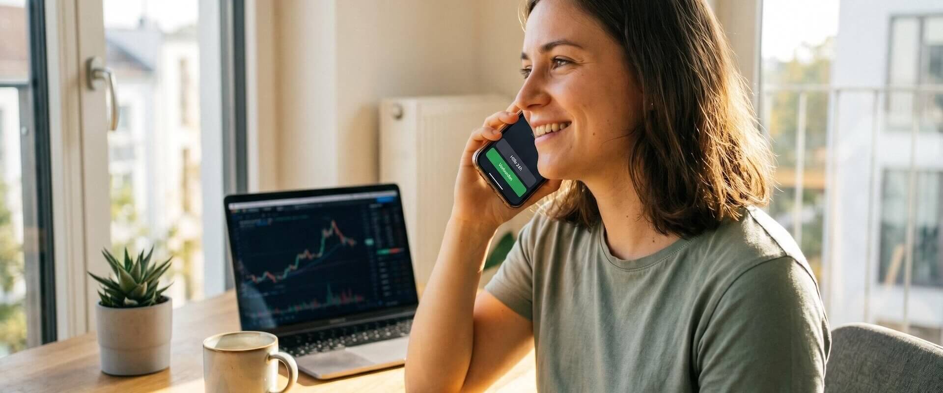 Junge Frau telefoniert entspannt am Schreibtisch mit Trade-Republic-App auf dem Smartphone, im Hintergrund Laptop mit Finanzchart und grünem Verbunden-Status