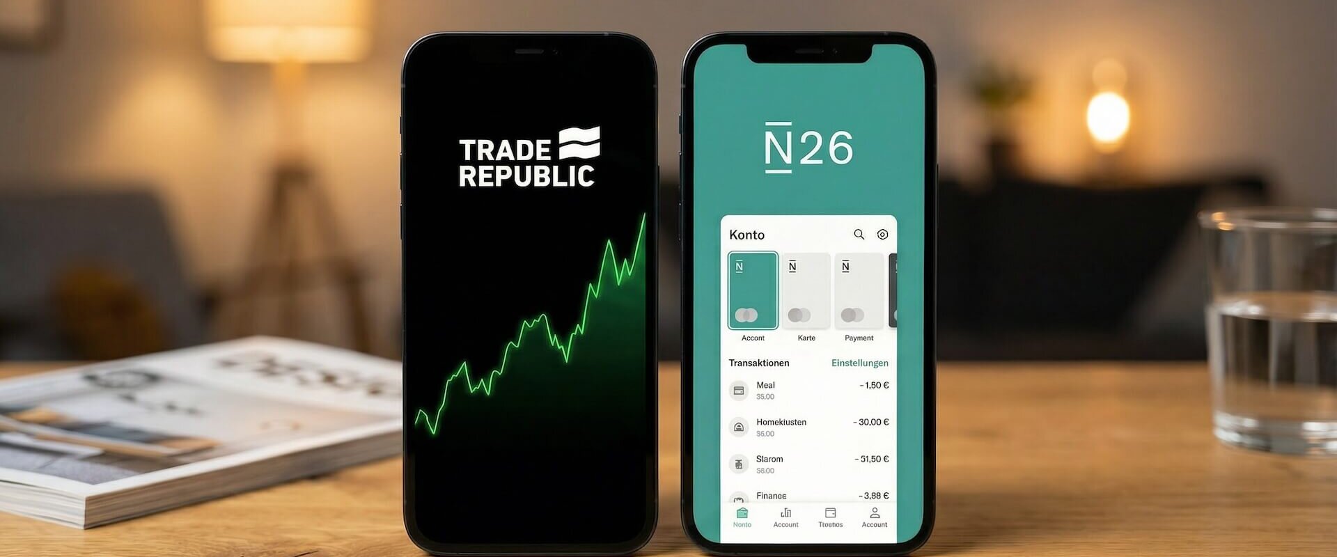 Zwei Smartphones auf einem Holztisch: links die Trade Republic App mit schwarzem Interface und grünem Kurschart, rechts die N26 App mit türkisem Hintergrund und Kontoübersicht