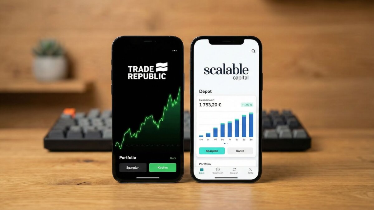 Zwei Smartphones auf einem Holztisch: links die Trade Republic App mit schwarzem Interface und grünem Kurschart, rechts die Scalable Capital App mit weißem Portfolio-Dashboard und blauem Balkendiagramm