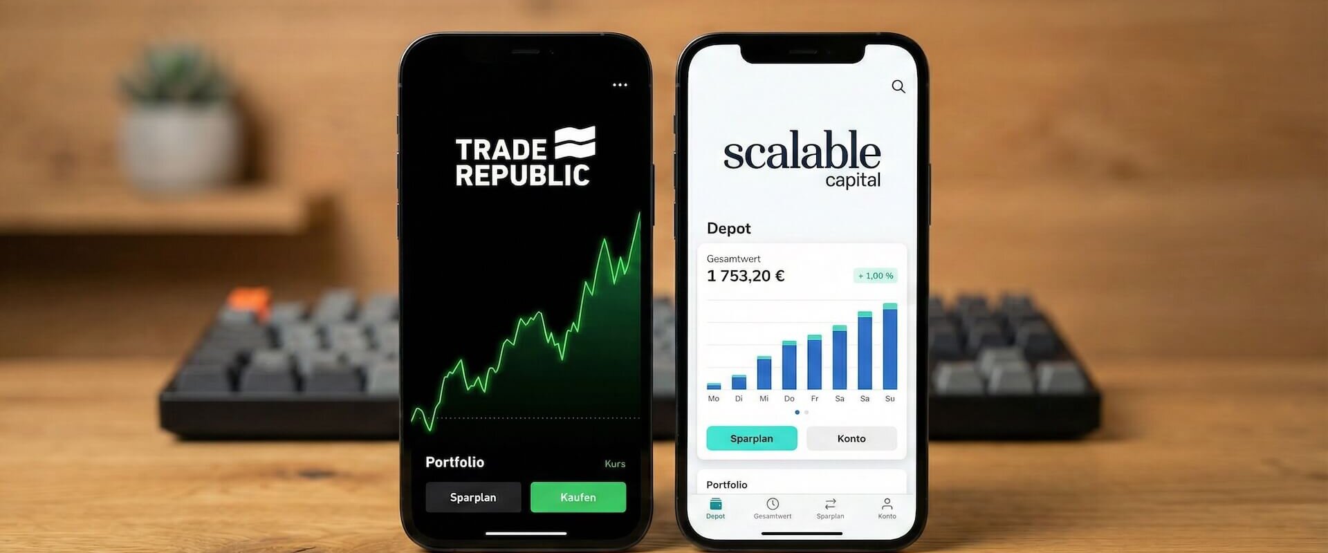 Zwei Smartphones auf einem Holztisch: links die Trade Republic App mit schwarzem Interface und grünem Kurschart, rechts die Scalable Capital App mit weißem Portfolio-Dashboard und blauem Balkendiagramm