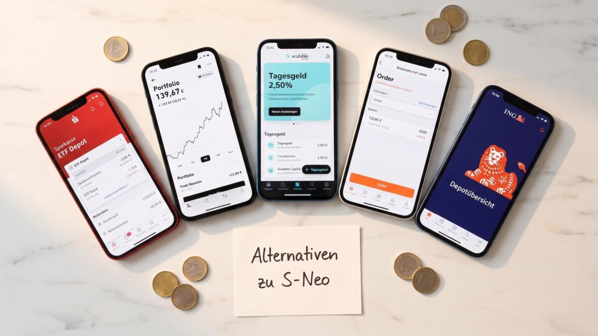 Fünf Smartphones nebeneinander zeigen die Apps von S-Neo (Sparkasse), Trade Republic, Scalable Capital, finanzen.net zero und ING als Alternativen, davor handgeschriebene Notiz „Alternativen zu S-Neo" und Euromünzen auf Marmoroberfläche