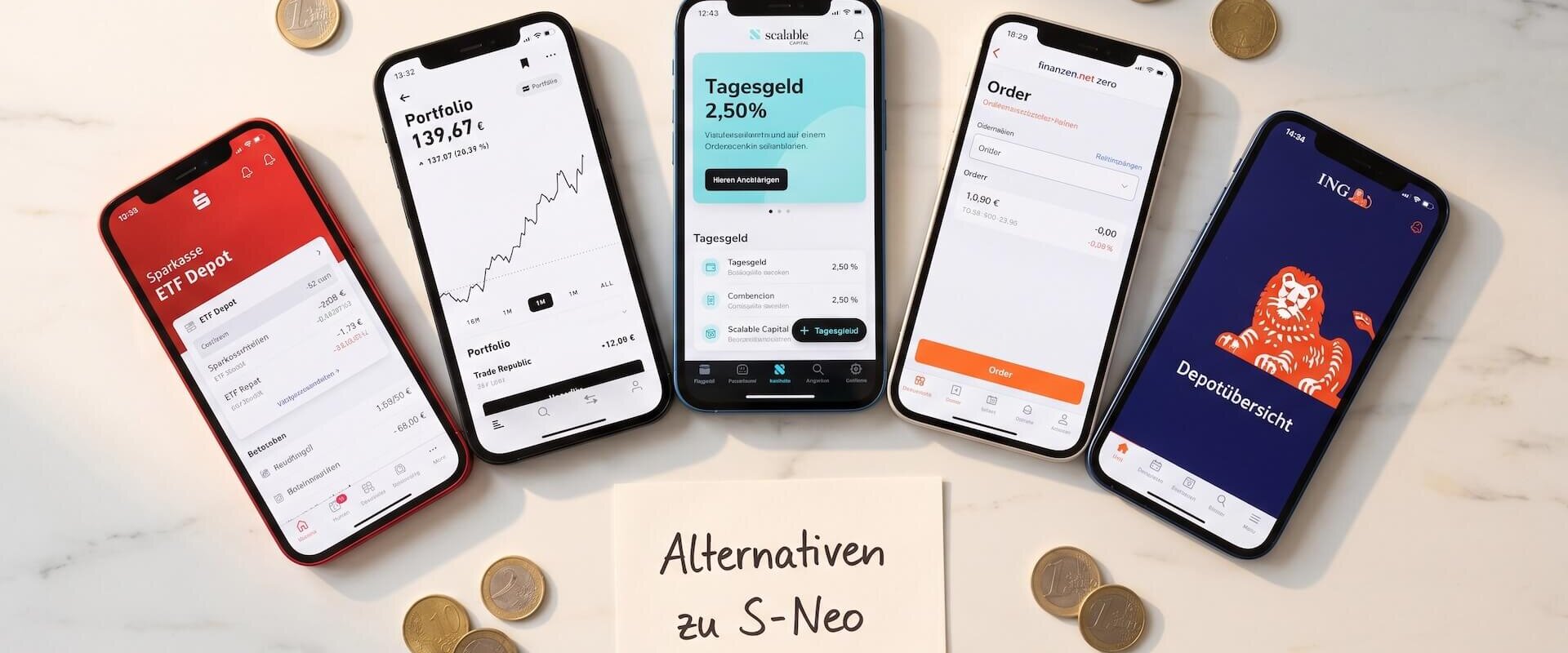Fünf Smartphones nebeneinander zeigen die Apps von S-Neo (Sparkasse), Trade Republic, Scalable Capital, finanzen.net zero und ING als Alternativen, davor handgeschriebene Notiz „Alternativen zu S-Neo" und Euromünzen auf Marmoroberfläche