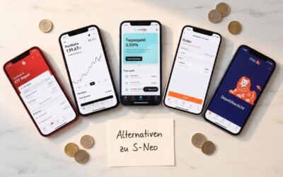 Fünf Smartphones nebeneinander zeigen die Apps von S-Neo (Sparkasse), Trade Republic, Scalable Capital, finanzen.net zero und ING als Alternativen, davor handgeschriebene Notiz „Alternativen zu S-Neo" und Euromünzen auf Marmoroberfläche