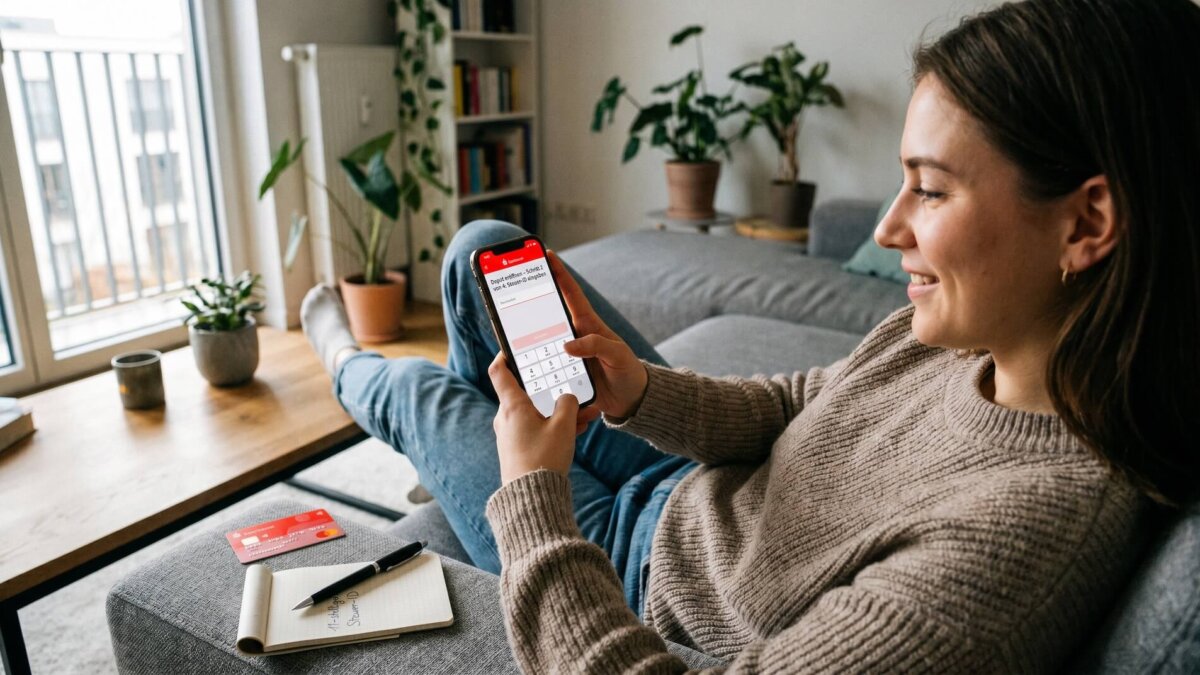 Junge Frau auf dem Sofa eröffnet entspannt ihr S-Neo-Depot in der Sparkassen-App auf dem Smartphone, daneben Sparkassen-Karte und Notizbuch mit Stift