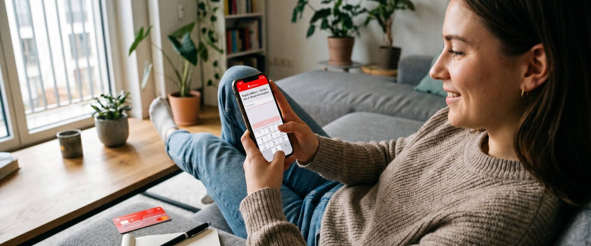 Junge Frau auf dem Sofa eröffnet entspannt ihr S-Neo-Depot in der Sparkassen-App auf dem Smartphone, daneben Sparkassen-Karte und Notizbuch mit Stift