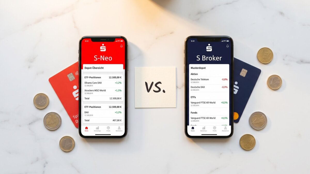 Zwei Smartphones im Direktvergleich: S-Neo-App in Rot mit ETF-Depot-Übersicht und S Broker-App in Blau mit Aktien, ETFs und Fonds im Musterdepot, dazwischen handgeschriebene VS.-Notiz und Sparkassen-Karten