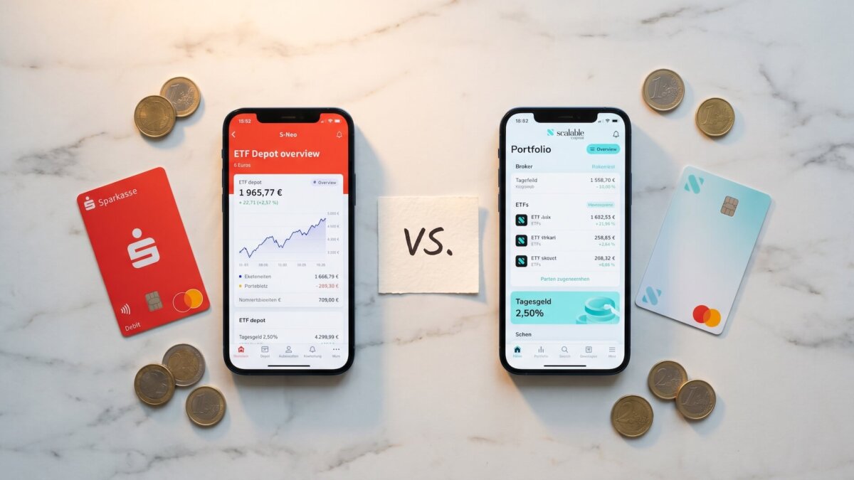 Zwei Smartphones im Direktvergleich: S-Neo-App mit ETF-Depot in Rot und Scalable-Capital-App mit Portfolio plus 2,50 Prozent Tagesgeld-Banner, dazwischen VS.-Notiz, Sparkassen-Karte und Scalable-Karte auf Marmor